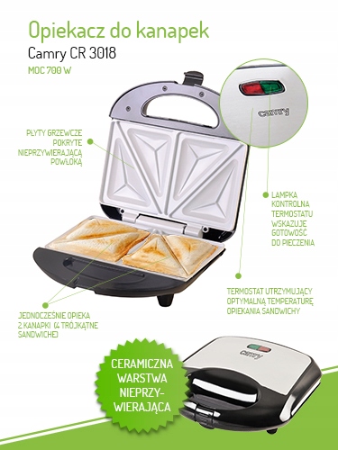 Opiekacz do Kanapek 850W Ceramiczna Powłoka Nieprzywierająca CR 3018