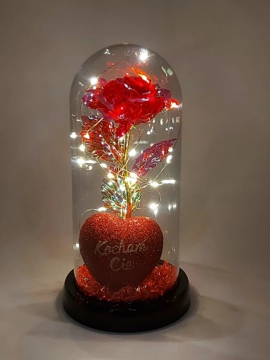 WIECZNA RÓŻA W SZKLE W KOPULE ŚWIECĄCA NA WALENTYNKI LED PREZENT PUDEŁKO