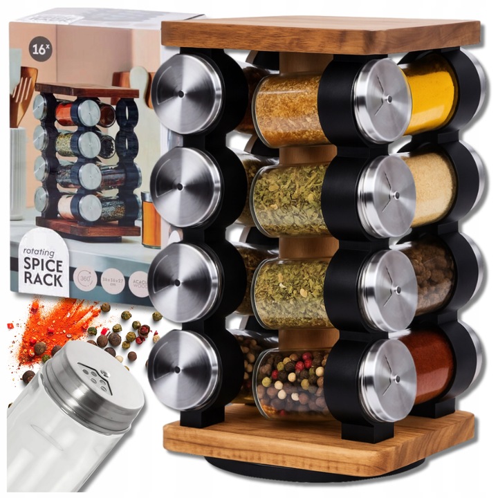 POJEMNIKI NA PRZYPRAWY STOJAK PRZYPRAWNIK OBROTOWY Drewniany 16 SŁOICZKÓW