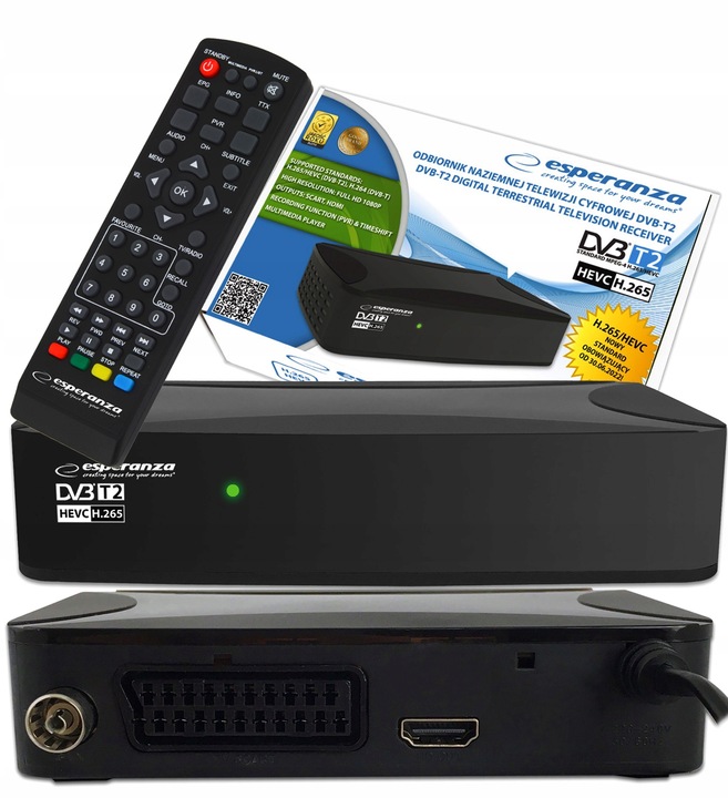 DEKODER TUNER TV NAZIEMNEJ HD DVB-T2 HEVC H.265 SCART HDMI USB + PILOT