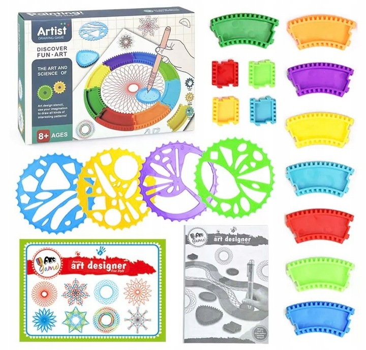 ZESTAW DO RYSOWANIA DLA DZIECI SPIROGRAF SZABLONY DO RYSOWANIA WZORY PISAKI