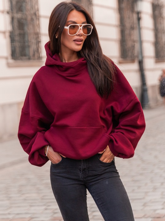 Bawełniana dresowa damska bluza z kapturem na stójce oversize bordowa