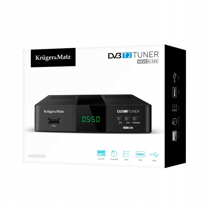 Tuner DVB-T2 H.265 HEVC Kruger&Matz HDMI SCART PVR EPG USB dekoder