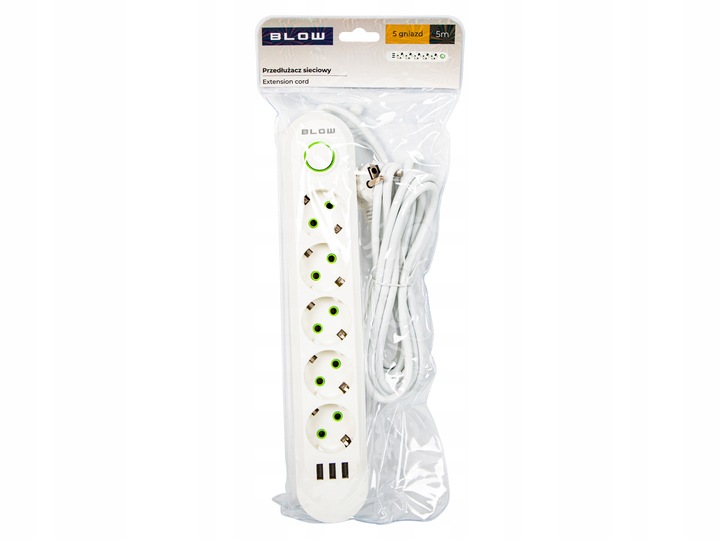 PRZEDŁUŻACZ LISTWA ZASILAJĄCA WŁĄCZNIK 3x USB 5 GNIAZD 5m BIAŁY