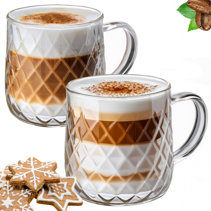 SZKLANKI DO LATTE KAWY HERBATY KOMPLET SZKLANEK Z UCHEM ZESTAW 350ml 2 SZT