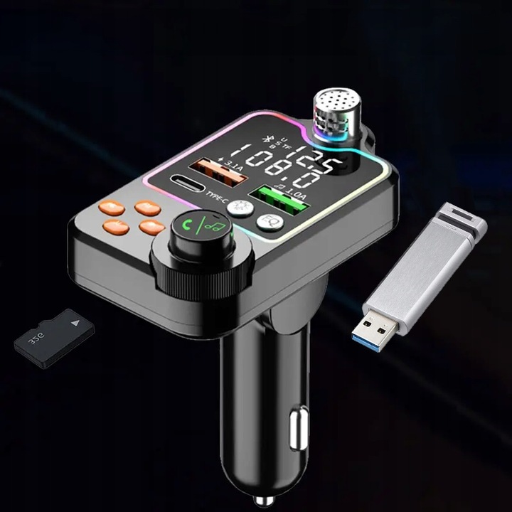 TRANSMITER BLUETOOTH SAMOCHODOWY BT 5.0 ŁADOWANIE QC 3x USB RGB AUDIO