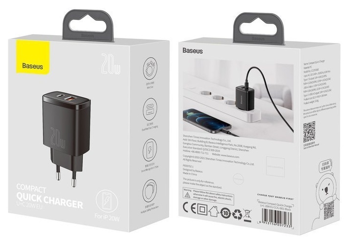 SZYBKA ŁADOWARKA SIECIOWA USB / USB-C 20W 3A PD QC 3.0 Baseus Compact