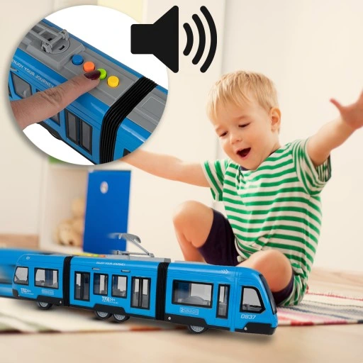 TRAMWAJ TROLEJBUS ZABAWKA NA BATERIĘ ŚWIATŁO DŹWIĘK OTWIERANE DRZWI 44CM