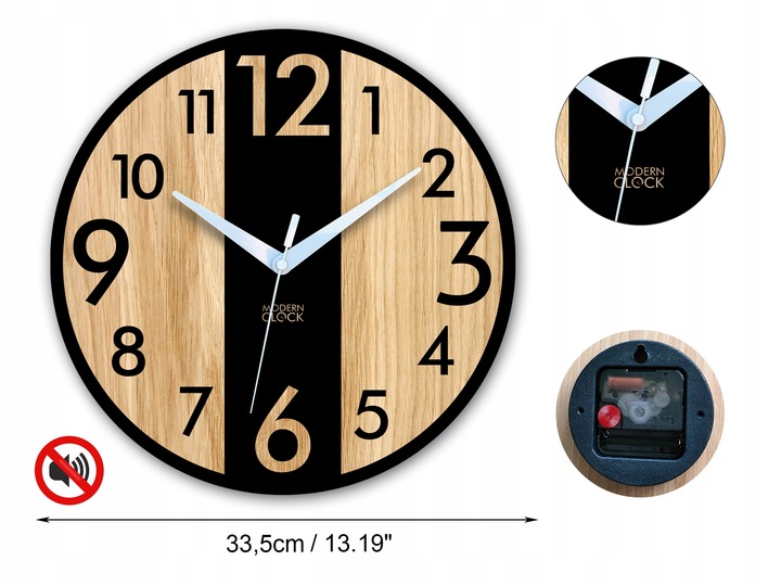 Zegar ścienny drewniany Dębowy LINCOLN - 33 cm cichy, zegar do salonu