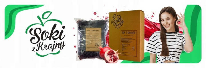 SOK Z GRANATU 100% 3L Tłoczony Z Granatów NATURALNY NFC Zdrowy BEZ CUKRU