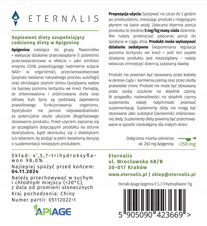 Apigenina Apigenin APIAGE (r) Eternalis z grejpfruta czerwonego 15g proszek