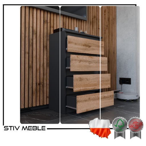 KOMODA Z SZUFLADAMI CZARNA DĄB WOTAN 60CM NOWOCZESN POJEMNA SZAFKA RTV