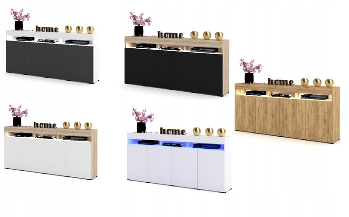 Duża Komoda LUNA 4D 180 Dąb Craft Biała LED