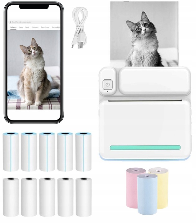 MINI DRUKARKA TERMICZNA DO ZDJĘĆ NOTATEK ETYKIET + 13 ROLEK GRATIS NAKLEJKI
