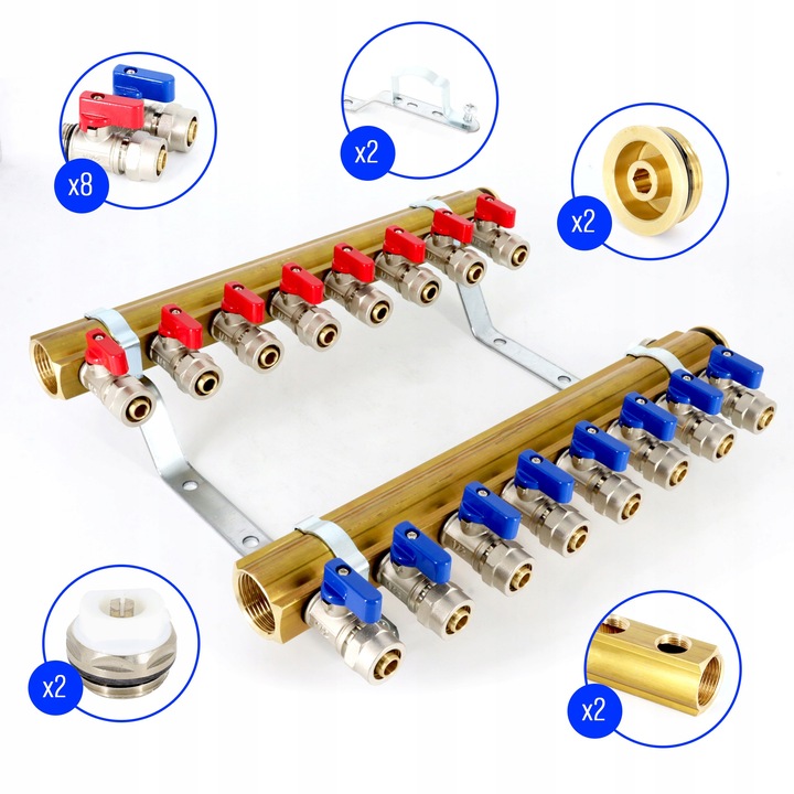 Rozdzielacz C.O. 8 obwodów zaworki PEX odpowietrzniki DO GRZEJNIKÓW