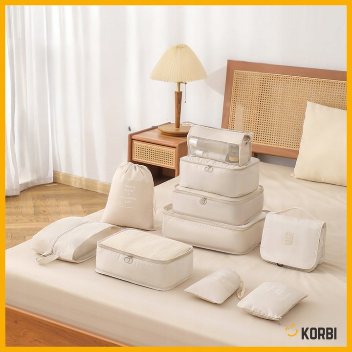 ZESTAW ORGANIZERÓW ORGANIZER PODRÓŻNY WALIZKI SZAFY UBRAŃ KOMPLET 8szt BEŻ