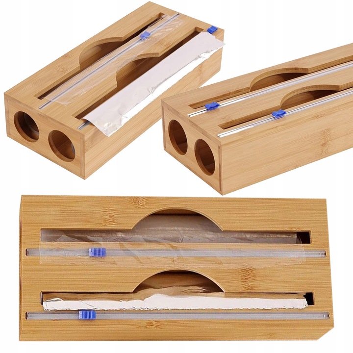 DOZOWNIK BAMBUSOWY DO FOLII SPOŻYWCZEJ Z OBCINACZEM KUCHENNY DWUKOMOROWY