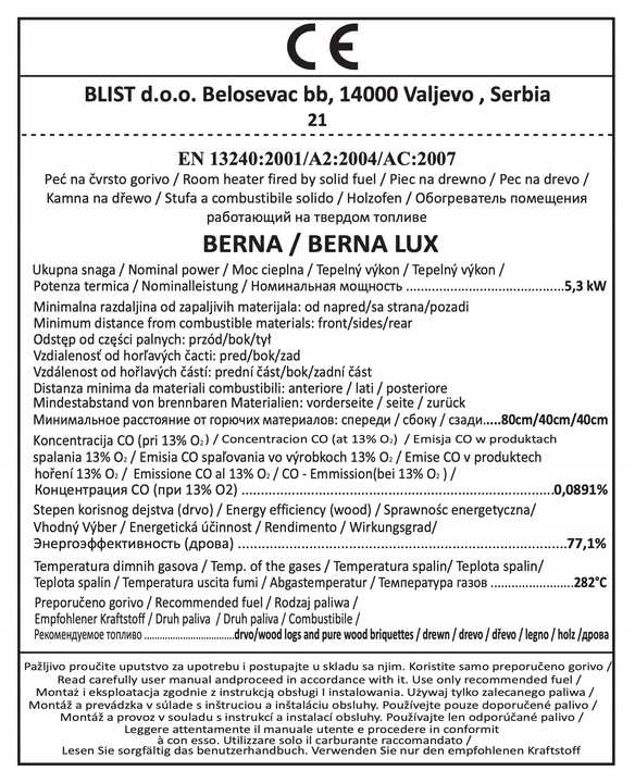 Piec stalowy kominek wolnostojący BLIST Ekonomik Lux / BERNA LUX 8,5