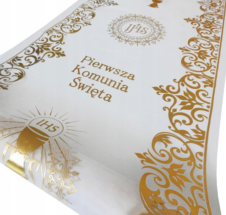 ORGANZA KOMUNIJNA komunia dekoracja stołu na stół bieżnik na komunię złoty