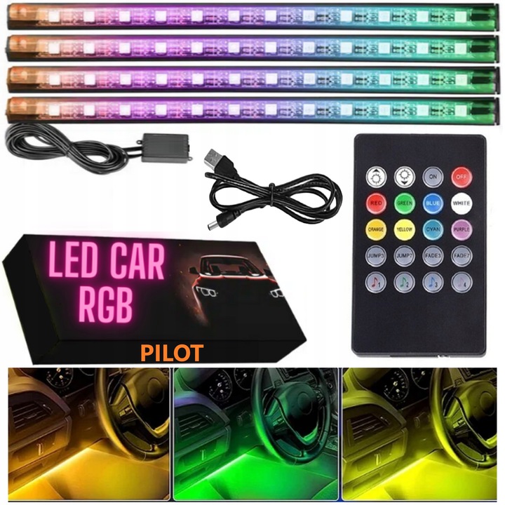TAŚMA LED DO SAMOCHODU Z PILOTEM OŚWIETLENIE AUTA RGB 5050 DO WNĘTRZA USB