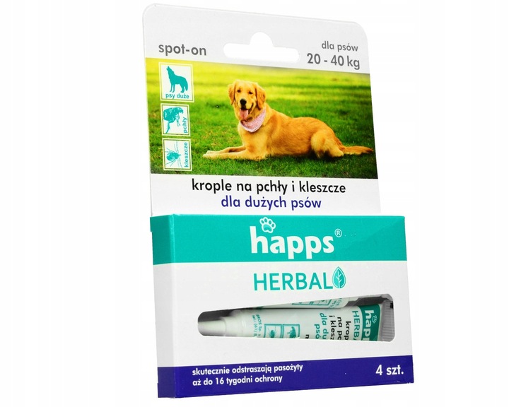 KROPLE NA PCHŁY KLESZCZE DLA DUŻYCH PSÓW (20-40KG) HAPPS DŁUGIE DZIAŁANIE