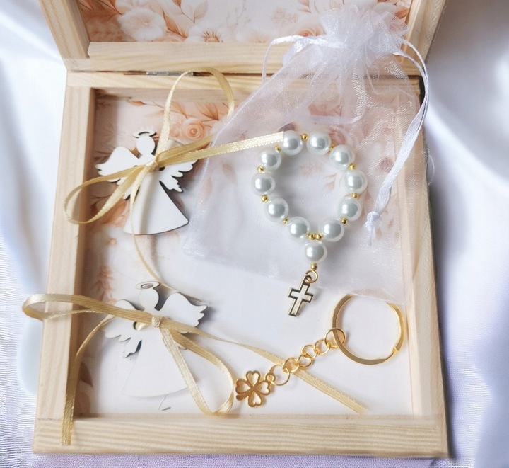 Pamiątka Komunii Świętej PREZENT Na Komunię Różaniec Brelok Pudełko