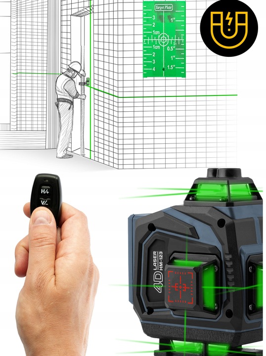 POZIOMICA LASEROWA LASER KRZYŻOWY 4D SAMOPOZIOMUJĄCY 40m 2 Akumulatory