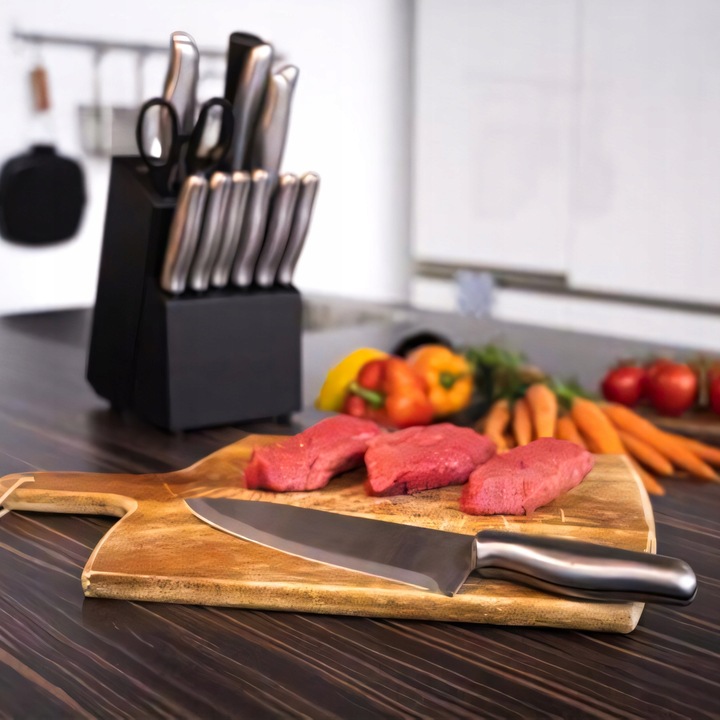 ZESTAW KOMPLET 16 NOŻY KUCHENNYCH STALOWYCH OSTRE W BLOKU STOJAK +