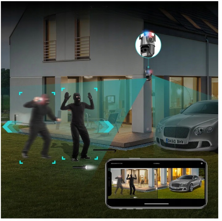 PODWÓJNA KAMERA ZEWNĘTRZNA OBROTOWA ALARM 8MP WIFI 3w1 2 OBIEKTYWY ICSEE