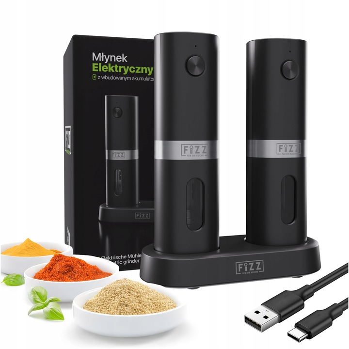 Młynek elektryczny do pieprzu i soli Fizz z akumulatorem Podstawka