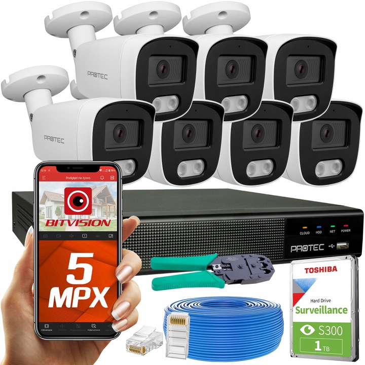 CYFROWY MONITORING 7 KAMER IP 5MPIX NA SKRĘTKĘ UTP PODGLĄD ONLINE DETEKCJA