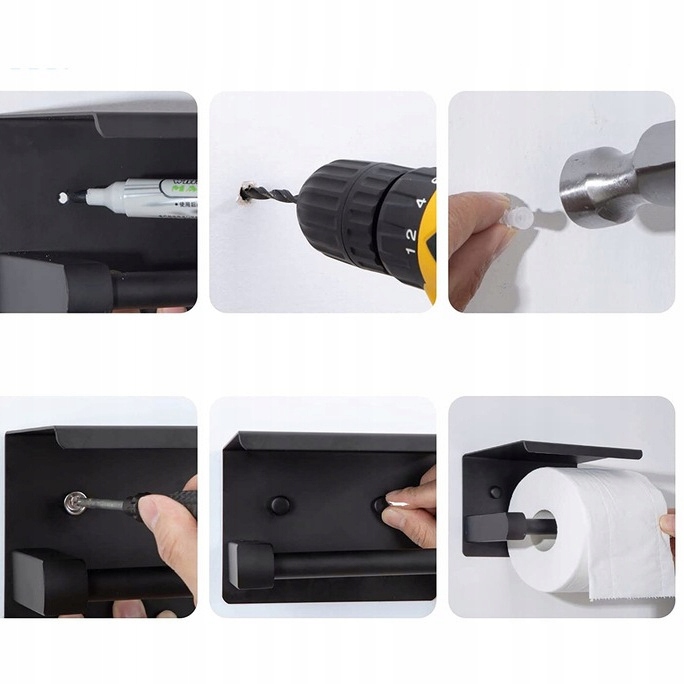 UCHWYT NA PAPIER TOALETOWY Z PÓŁKĄ CZARNY WIESZAK STALOWY ŁAZIENKA DOM WC