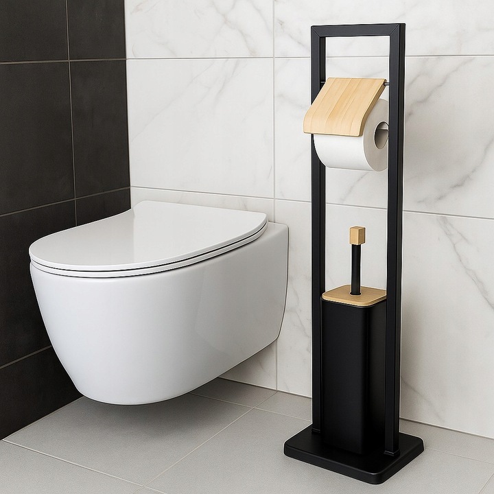 Stojak na papier toaletowy z uchwytem i szczotką do wc czarny bambus