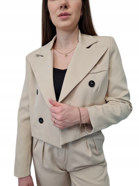 Modna MARYNARKA KRÓTKA Beżowa, Nowoczesny Żakiet Damski do Garnituru, r. L