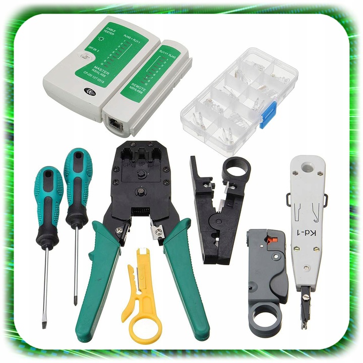 TESTER KABLI SIECIOWYCH RJ45 Przewodów Zaciskarka ZESTAW Sieci LAN ŚCIĄGACZ