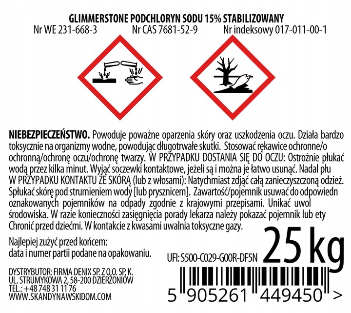 PODCHLORYN SODU STABILIZOWANY 15% CHLOR W PŁYNIE DO BASENU STUDNI 25kg