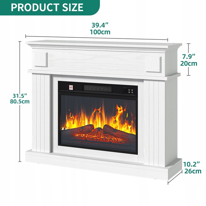 Kominek elektryczny z ogrzewaniem, płomień 3D, luksusowy biały