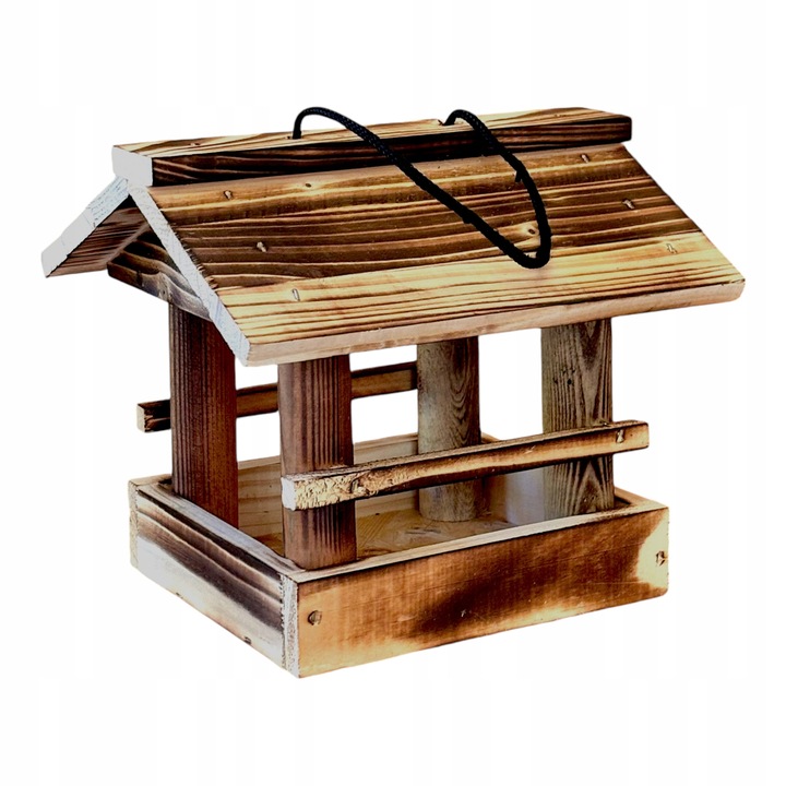 Karmnik dla ptaków drewniany domek budka z drewna biało szary Karma