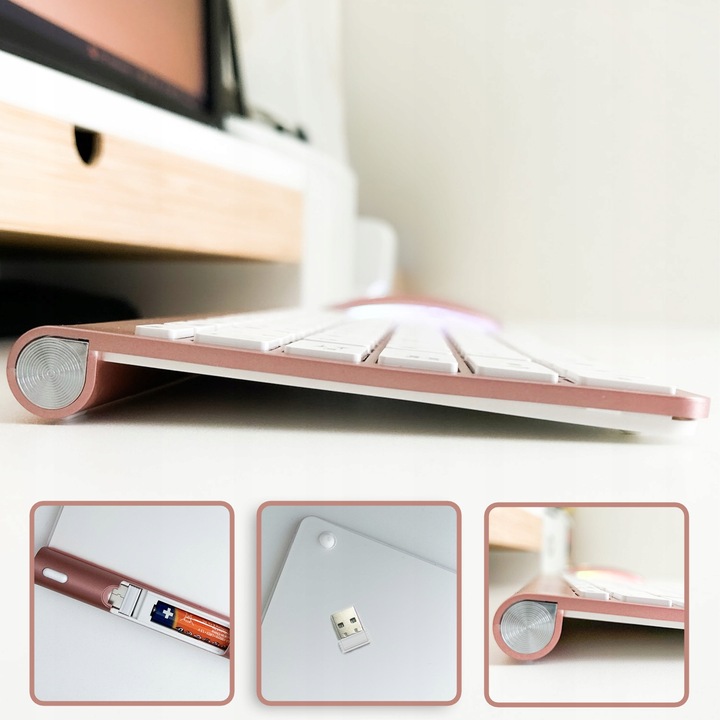 Klawiatura bezprzewodowa rose gold do komputera QWERTY różowa mała bez num