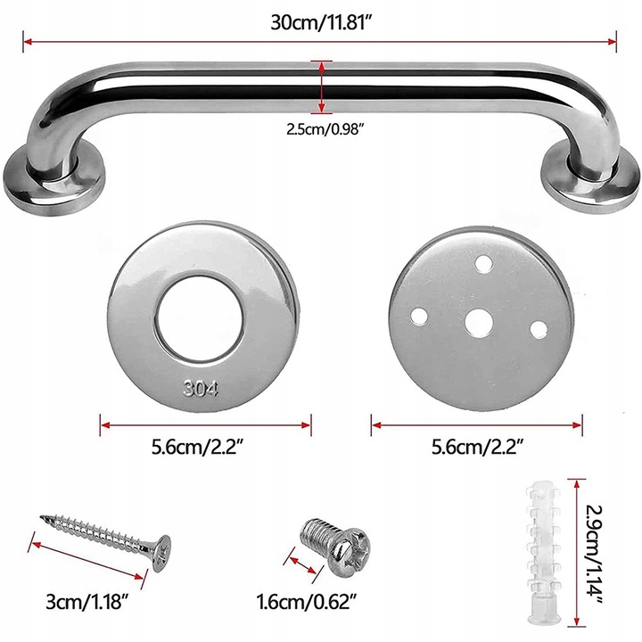 PORĘCZ UCHWYT ŁAZIENKOWY PROSTY DO WANNY DRZWI x2 CHROM POD PRYSZNIC 30CM
