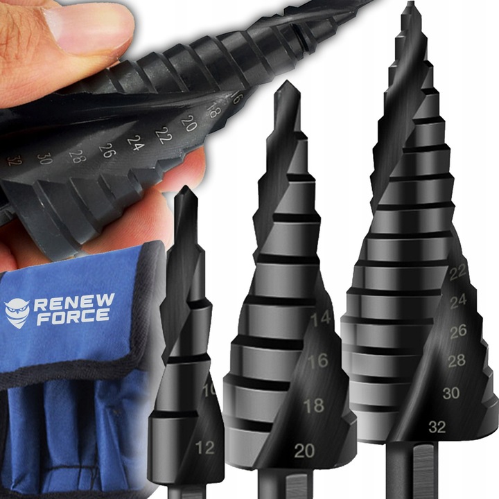 3x SPIRALNE Wiertło stożkowe stopniowe HSS do metalu drewna 4-32MM