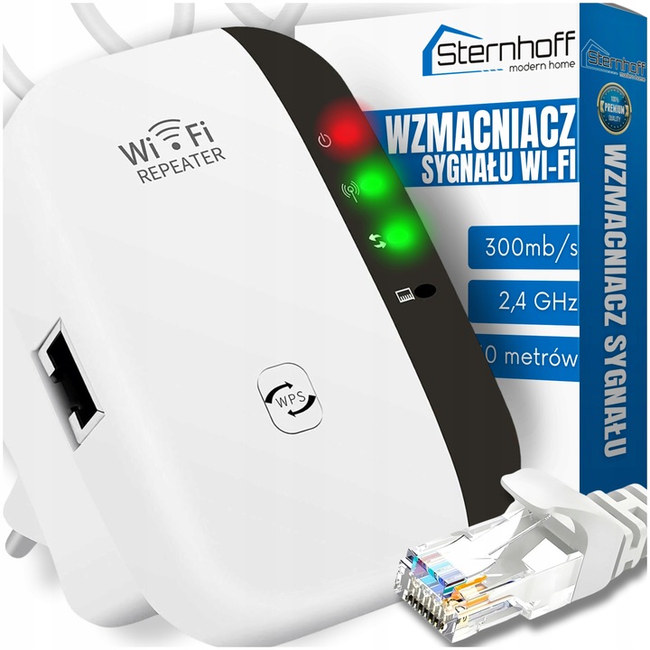 WZMACNIACZ SYGNAŁU SIECI WIFI MOCNY ZASIĘG 300 Mb/s +KABEL LAN NIE PRZERYWA