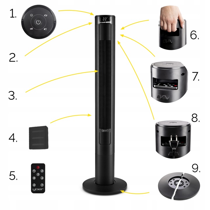 Wentylator kolumnowy stojący Cichy Yoer +10m zasięg 4 tryby Jonizacja