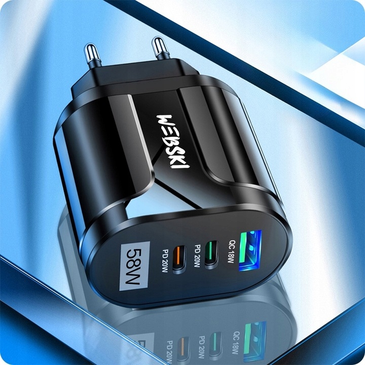 ZESTAW DO ŁADOWANIA ŁADOWARKA 58W 2xUSB-C PD 20W + USB QC 3.0 Z KABLEM 5W1