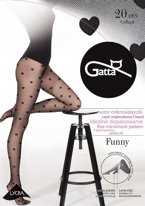Rajstopy w serca na Walentynki GATTA Funny 08 lycra 20 den 2-S czarne