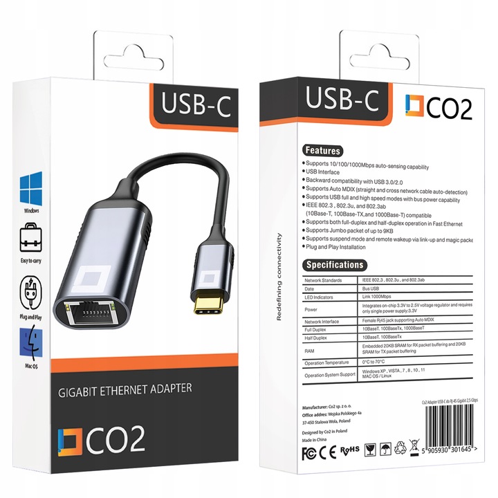PRZEJŚCIÓWKA USB-C ETHERNET ADAPTER KARTA SIECIOWA LAN GIGABIT RJ45 1000 MB