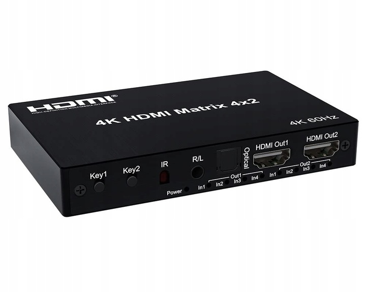 Matrix HDMI Switch Splitter 4x2 4K HDCP Rozdzielacz Toslink Jack + Pilot IR