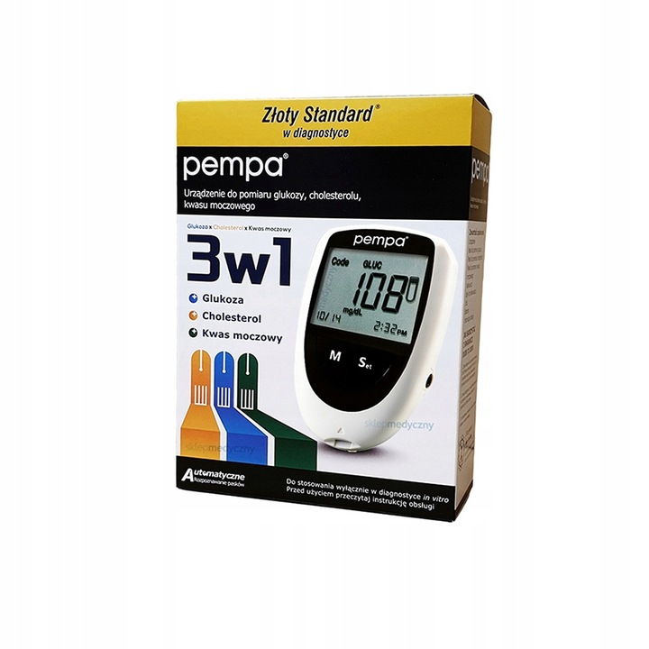 GLUKOMETR BENECHECK PEMPA 3W1 GLUKOZA KWAS MOCZOWY CHOLESTEROL + 3 GRATISY