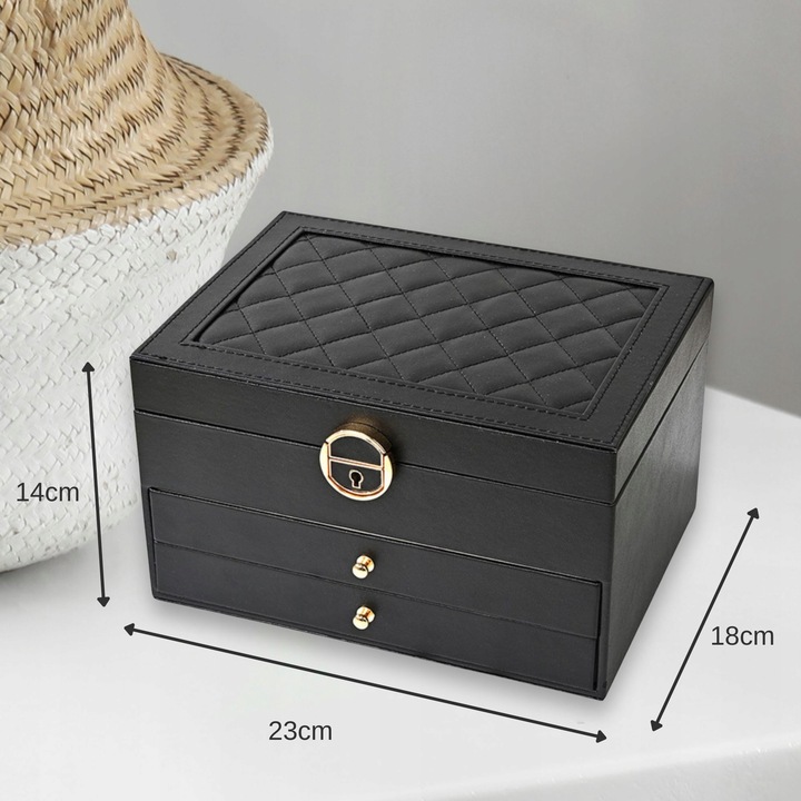 SZKATUŁKA NA BIŻUTERIE Z SZUFLADKAMI CZARNA ORGANIZER TRZY POZIOMY