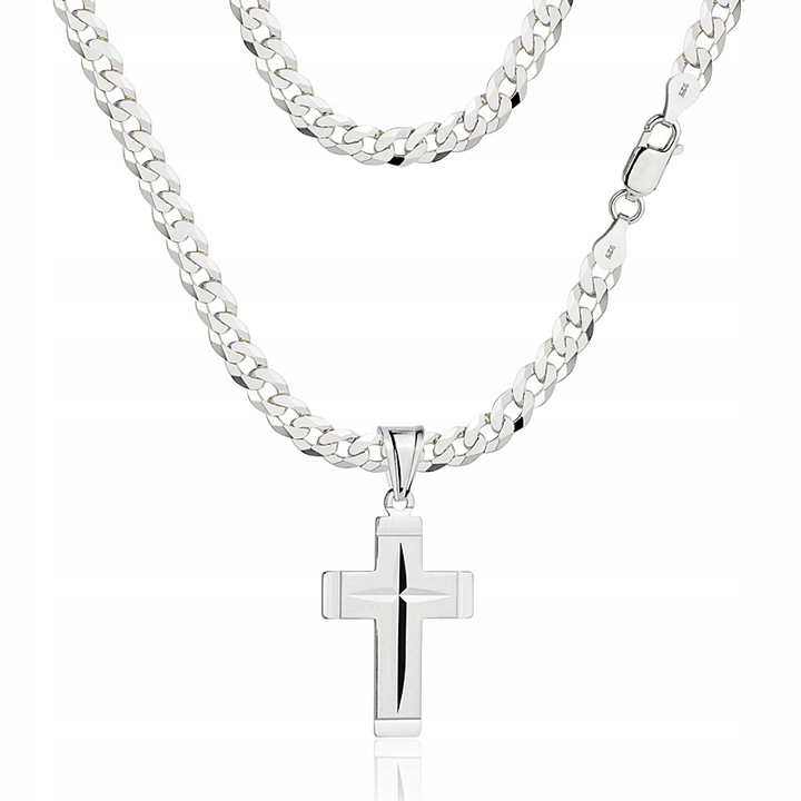 Łańcuszek Srebrny Męski Pancerka Diamentowany Krzyżyk pr 925 Grawer Gratis